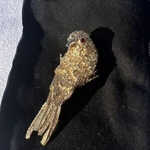 Rare Erwin Pearl 18k Gold Plated Finch Brooch with Ruby Rhinestones Eyes